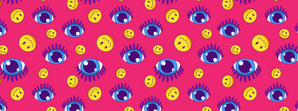 迷幻狂欢迷幻的图案背景与酸嬉皮元素，微笑，彩虹，为您的海报设计或印刷的神奇蘑菇。矢量插图复古y2k风格。图片下载