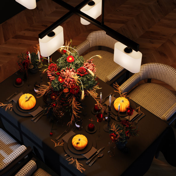 假期表装饰。前视图。现代万圣节客厅室内。3 d渲染。装饰节日晚餐。图片下载