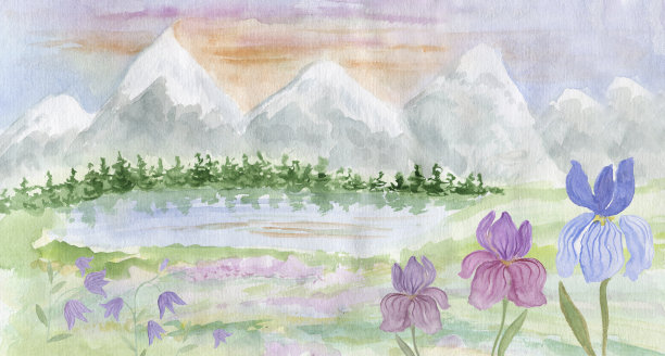 有山、湖、草地的水彩景观。图片下载