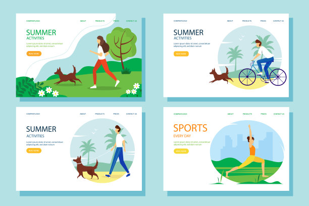 网页横幅或登陆页的集合。人们积极地度过夏天:做瑜伽、骑自行车、跑步、散步。矢量插图。图片下载