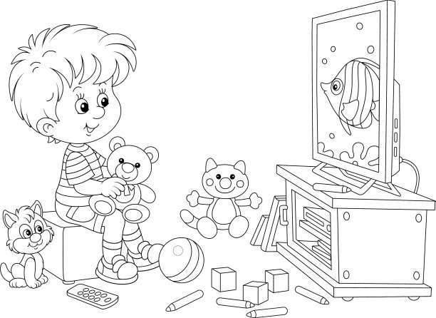 快乐的小男孩在玩具中看电视图片下载