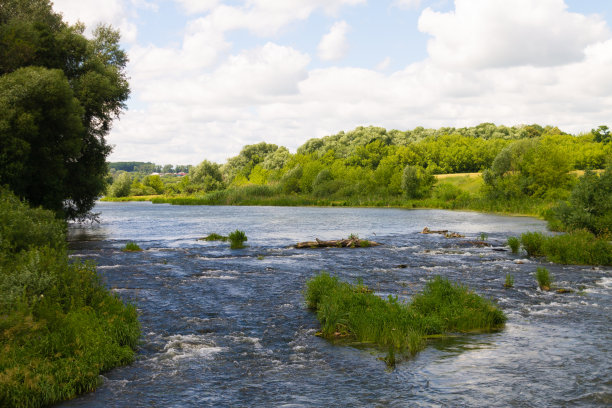 夏天的森林里有一条蜿蜒的河流，在多云的天气里有雨云。景观在河林图片下载