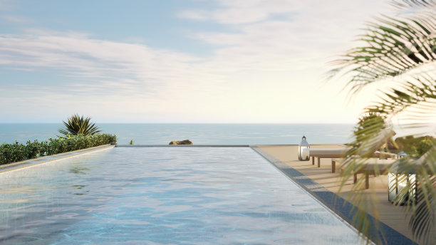 豪华海滨别墅，海景游泳池和露台在现代设计。图片下载