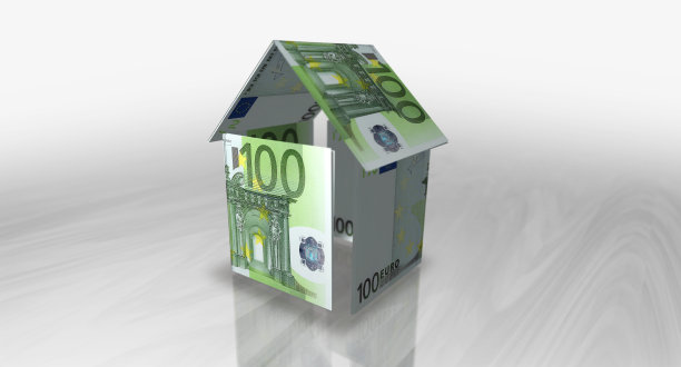 欧元100欧元钞票纸房子的桌子上的3d插图图片下载