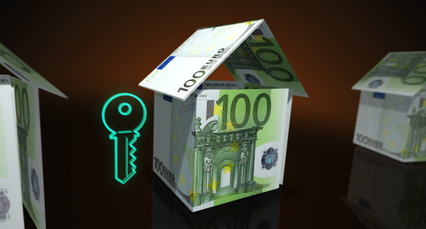 欧元100欧元钞票纸房子的桌子上的3d插图图片下载