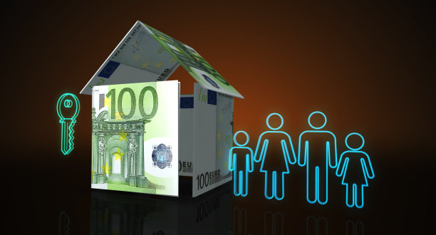 欧元100欧元钞票纸房子的桌子上的3d插图图片下载