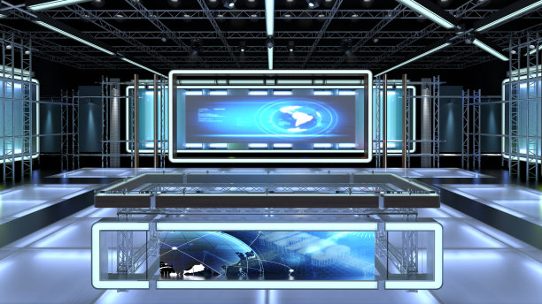 虚拟电视演播室。绿屏背景。三维渲染图片下载