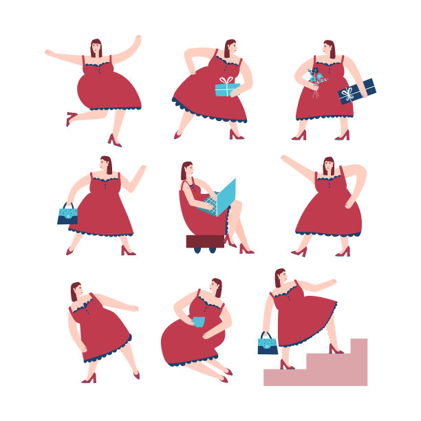 一组不同姿势的卡通女性图片下载