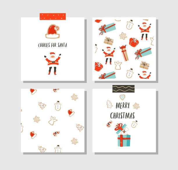 圣诞快乐时间卡通卡片集合与可爱的插图，惊喜的礼盒，圣诞老人，狗和现代书法孤立在白色背景图片下载