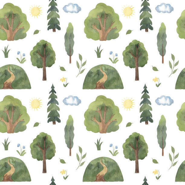 树水彩无缝图案插图的孩子图片下载