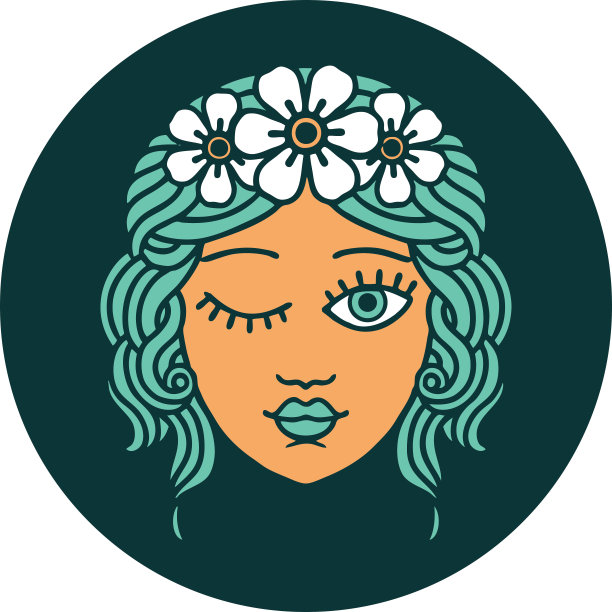 纹身风格的图标一个少女的脸眨眼图片下载