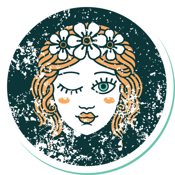 心疼贴纸纹身风格的图标一个少女的脸眨图片下载