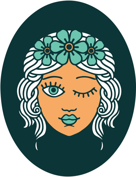 纹身风格的图标，一个少女与花冠眨眼图片下载