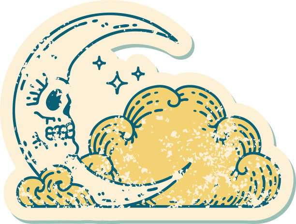 心疼贴纸纹身风格的骷髅新月和云图标图片下载