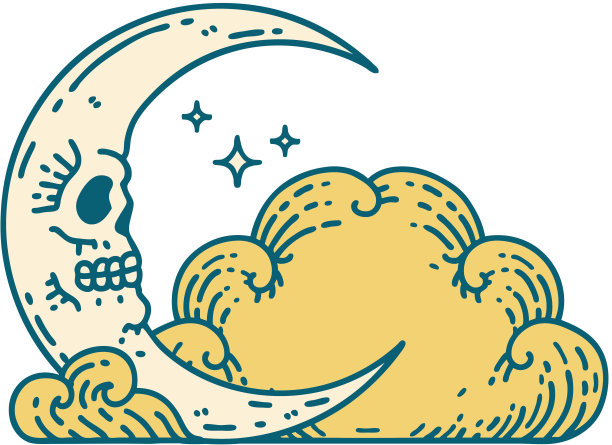 纹身风格图标的头骨新月和云图片下载