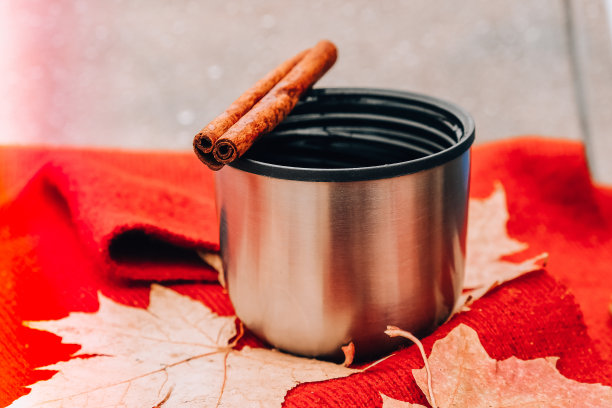 秋天的公园里，热杯子里的热红酒和肉桂棒。红围巾秋季野餐图片下载
