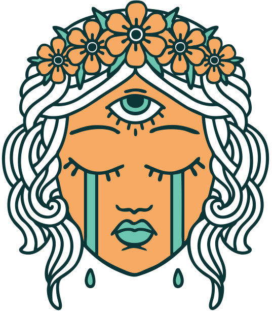 纹身风格的图标女性脸与第三只眼睛哭泣图片下载