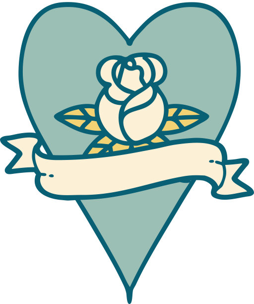 心形玫瑰和旗帜的纹身风格图标图片下载