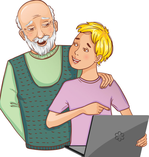 爷爷和孙子用笔记本电脑工作图片下载
