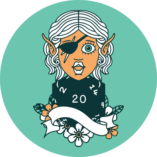 精灵流氓角色与自然二十个骰子滚动图标图片下载