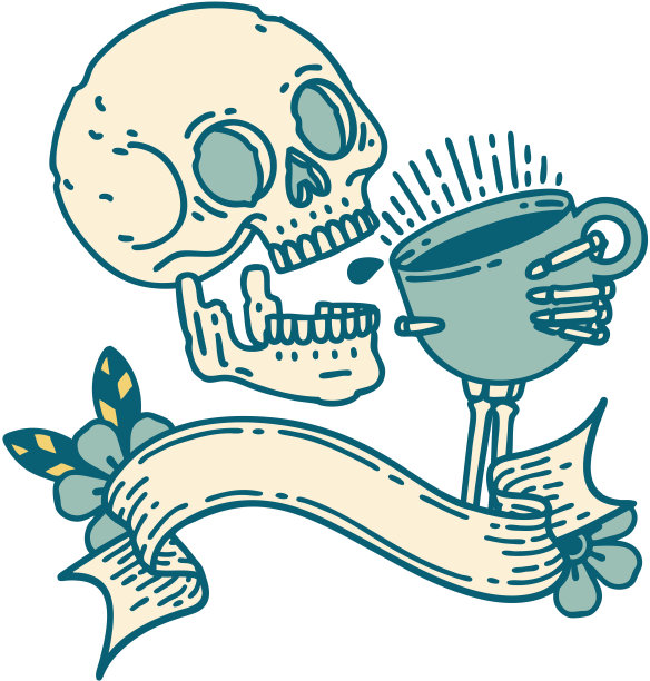 纹身上是喝咖啡的骷髅头图片下载