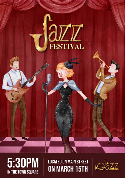 海报模板与爵士音乐概念水彩图片下载