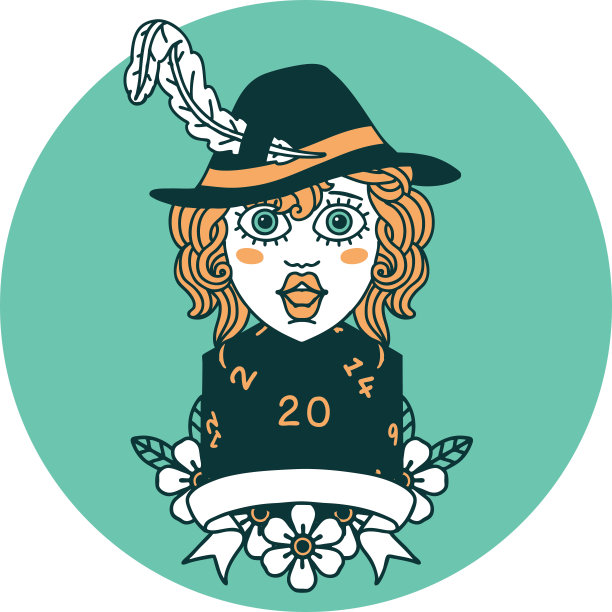 人类吟游诗人角色与自然20骰子滚动图标图片下载