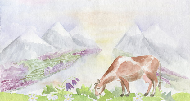 带牛的乡村景观。水彩插图。图片下载