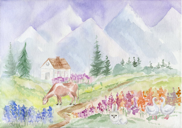 乡村景观有牛、山、兔。水彩插图。图片下载
