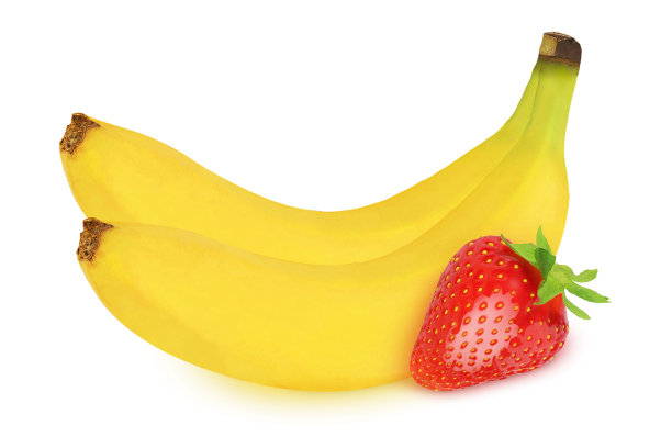 香蕉和草莓在孤立的白色背景上。图片下载