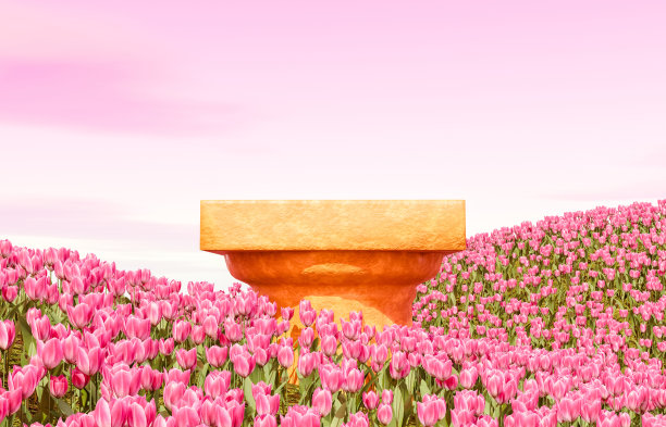 平台和自然平台背景，粉色郁金香花场，云和天空背景进行产品展示，景观场景背景3D渲染图片下载