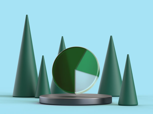 在一个抽象的森林设置中，在浅蓝色背景上的3D渲染透明饼图。商业成功的例证或结果的展示。市场和统计的可视化。图片下载