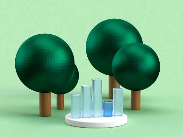 3D渲染透明条形图在一个抽象的森林背景浅绿色。商业成功的例证或结果的展示。市场和统计的可视化。图片下载