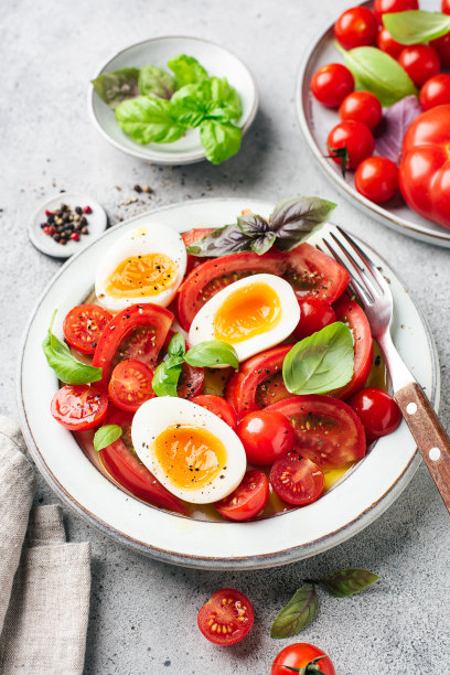番茄鸡蛋沙拉加罗勒和橄榄油图片下载