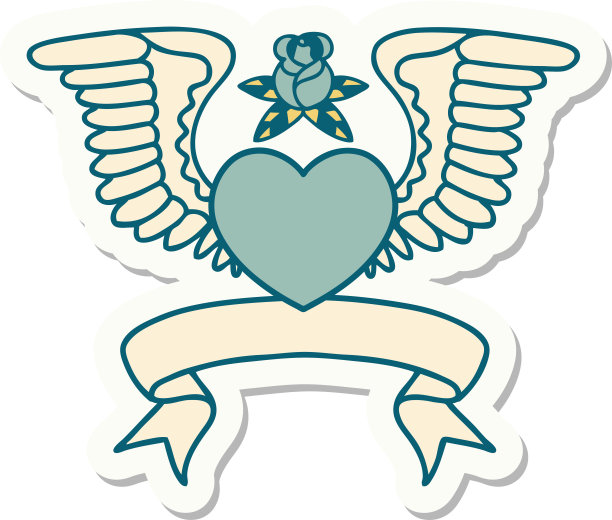 带翅膀的心形横幅的纹身贴纸图片下载