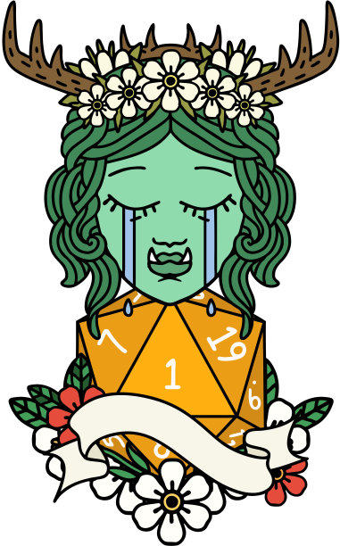 哭泣的兽人野蛮人角色的脸与自然的一个D20卷插图图片下载