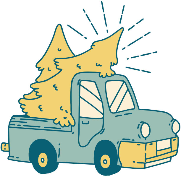 传统纹身风格的载树卡车图片下载