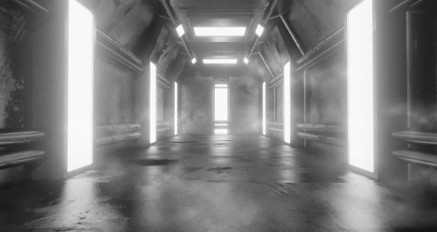 宇宙飞船内部建筑走廊，现代未来科幻空间，金属地板和灯光面板，白色霓虹灯发光和雾，室内设计背景，网络朋克黑暗设计，3d渲染图片下载