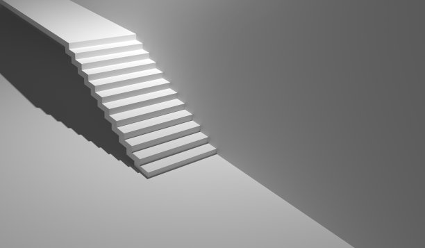 白色楼梯，白色天花板上有灯光。三维渲染图片下载
