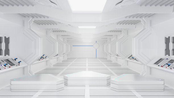宇宙飞船或空间站内部的平台，科幻隧道，产品展示的舞台，3D渲染。图片下载