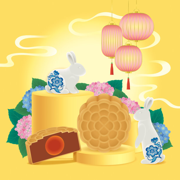 中秋节有泥兔、月饼、灯笼和法国绣球图片下载