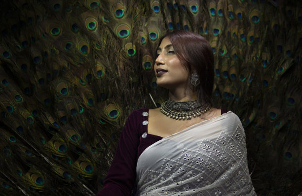 侧视图肖像害羞，美丽，优雅的传统印度妇女佩戴珠宝和纱丽。她低头微笑着。图片下载