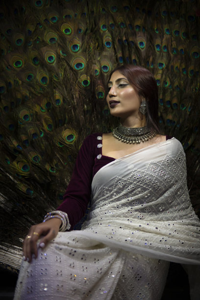 侧视图肖像害羞，美丽，优雅的传统印度妇女佩戴珠宝和纱丽。她低头微笑着。图片下载