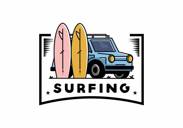 小型汽车和两个冲浪板插图图片下载