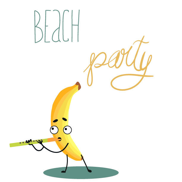 矢量插画人物、卡通搞笑香蕉、吹笛子、沙滩派对刻字。夏日心情，有趣水果，有机。婴儿的概念。夏季印花设计。图片下载