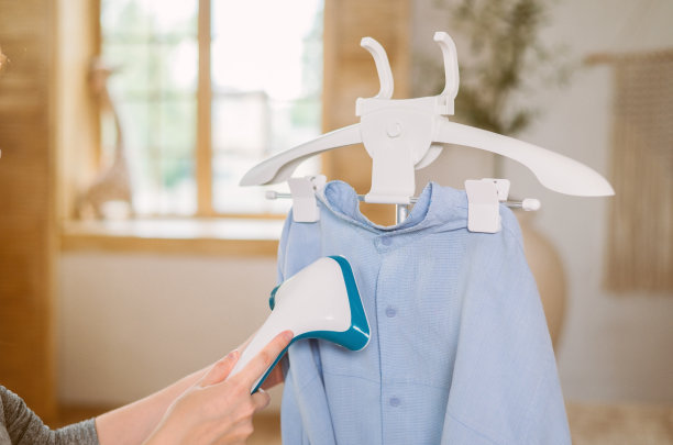 家用蒸汽熨斗熨烫衬衫。做手头烫衣的蒸汽熨斗。图片下载