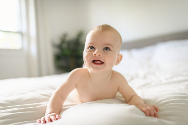 可爱的小男孩早上在家里白色阳光充足的卧室里图片下载