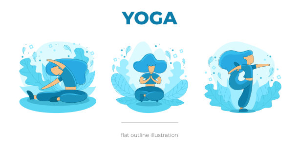 瑜伽平面轮廓插图蓝色，为网页和polygraphy设计，圆形形状，三种姿势。图片下载