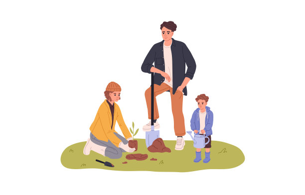 一家人和孩子一起在大自然中种树图片下载