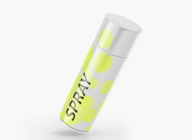 喷漆罐黄色，包装设计。铝或金属气雾瓶，封闭的盖子，用于除臭，止汗或发胶隔离在白色背景。逼真的3d渲染模型图片下载